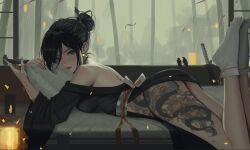 Rule 34 | 1girl, ass tattoo, back tattoo, bamboo, bamboo forest, bird, black hair, black kimono, bracelet, commentary, dragon tattoo, english commentary, forest, full body, hair bun, highres, japanese clothes, jewelry, katana, kimono, lantern, leg tattoo, nature, neo (neorarty3), original, sheath, sheathed, solo, sword, tattoo, weapon