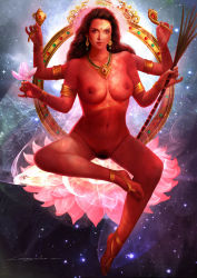 1girl artist_name bracelet breasts colored_skin earrings extra_arms female_focus female_pubic_hair flower halo highres hinduism jewelry large_breasts long_hair looking_at_viewer lotus nude pubic_hair realistic red_skin solo space star_(sky) sugarcane uncensored xiangxiang_lu