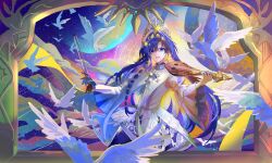 1girl :d absurdres bird black_gloves blonde_hair blue_eyes blue_hair border bow_(music) colored_inner_hair dan_ieossdeon_geot dress gloves gudok hair_intakes hair_ornament hands_up highres holding holding_bow_(music) juliet_sleeves kokoshnik long_hair long_sleeves looking_at_viewer multicolored_hair official_alternate_costume open_mouth ornate_border planet puffy_sleeves reverse:1999 short_dress single_glove smile solo star_(sky) star_(symbol) star_hair_ornament starry_sky_background too_many too_many_birds upper_body very_long_hair voyager_(choir_of_the_stars)_(reverse:1999) voyager_(reverse:1999) white_bird white_dress wide_sleeves