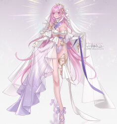 1girl alternate_costume artist_name bare_shoulders bra breasts bridal_gauntlets bridal_lingerie bridal_veil character_name cleavage dress elysia_(herrscher_of_human:_ego)_(honkai_impact) elysia_(honkai_impact) full_body grey_background hair_between_eyes high_heels highres honkai_(series) honkai_impact_3rd instagram_logo large_breasts lingerie long_hair midriff_peek navel patreon_logo pink_eyes pink_hair princess_ailish purple_footwear see-through_clothes see-through_dress signature single_bare_leg single_thighhigh standing thighhighs twitter_logo typo underwear veil very_long_hair watermark wedding_dress white_bra white_bridal_gauntlets white_thighhighs white_veil