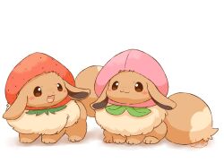 :3 :d blush_stickers brown_eyes brown_fur closed_mouth commentary_request eevee fruit_costume gen_1_pokemon mimix neck_fur nintendo no_humans open_mouth pokemon pokemon_(creature) pokemon_focus signature simple_background smile strawberry_costume tail white_background