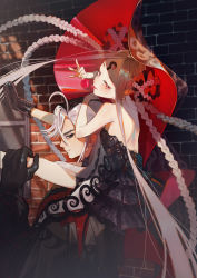 1girl abigail_williams_(fate) abigail_williams_(tour_outfit)_(fate) ashiya_douman_(fate) ashiya_douman_(tour_outfit)_(fate) asymmetrical_hair black_eyes black_hair blush breasts candy carrying carrying_person colored_skin corruption curly_hair dark_persona fate/grand_order fate_(series) food forehead hair_between_eyes heroic_spirit_tour_outfit highres keyhole lollipop long_hair looking_at_viewer multicolored_hair official_alternate_costume ota_(ota-0000) parted_bangs possessed possession red_eyes shoulder_carry small_breasts third_eye two-tone_hair very_long_hair white_hair white_skin yog-sothoth