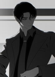 Rule 34 | 1boy, 23i2ko, :|, absurdres, black eyes, black hair, black necktie, black shirt, closed mouth, collared shirt, greyscale, head tilt, highres, male focus, monochrome, necktie, original, shirt, short hair, solo, surprised, upper body