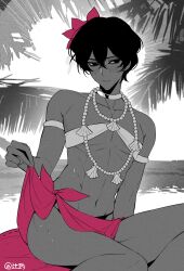 1boy absurdres arjuna_(fate) armlet beach bikini blush cosplay crossdressing crossdressing_(mtf) dark-skinned_male dark_skin fate/grand_order fate_(series) flower greyscale hair_between_eyes hair_flower hair_ornament highres jewelry male_focus monochrome necklace outdoors palm_tree sarong sessyoin_kiara sessyoin_kiara_(cosplay) short_hair sitting solo spot_color sqloveraven swimsuit tree wet