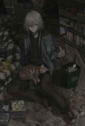 Rule 34 | 1boy, absurdres, bedroom, black pants, black shirt, blue jacket, cat, closed mouth, green eyes, hair over one eye, highres, jacket, jiz (pffbq), looking at viewer, male focus, middle finger, original, pants, red shoes, shirt, shoes, sitting, sleeping, sleeping on person, solo, trash can