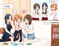 3girls absurdres black_hair blue_eyes blush book bookshelf bra brown_hair commission embarrassed genderswap genderswap_(mtf) glasses green_eyes gym_uniform highres multiple_girls open_mouth original panties pantyshot ribbon sashimi_(hitocelll) school_uniform side_ponytail skirt sports_bra sweat translated underwear undressing