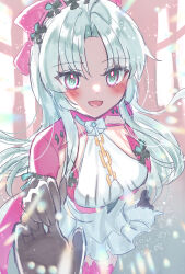 Rule 34 | 1girl, 1other, aqua eyes, black gloves, blush, bow, breasts, carlotta (wuthering waves), commentary request, dress, gloves, grey hair, hair bow, hand on own hip, highres, jacket, long hair, looking at viewer, medium breasts, open mouth, parted bangs, pink bow, pink jacket, pov, pov hands, rover (wuthering waves), smile, solo focus, taking another&#039;s hand, uissu, very long hair, white dress, wuthering waves