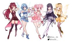 5girls adapted_costume akemi_homura ankle_bow ankle_ribbon argyle_clothes argyle_pantyhose armlet armpits arms_behind_head bad_id bad_twitter_id bag bare_legs bare_shoulders belt beret black_bow black_hair black_hairband black_thighhighs blonde_hair blue_belt blue_boots blue_capelet blue_eyes blue_gemstone blue_gloves blue_hair blue_shirt blue_skirt blue_sleeves blue_wings boots bow bow_choker breasts bridal_gauntlets brown_boots brown_collar brown_corset brown_hat brown_thighhighs bubble_skirt capelet chest_jewel chocofish choker cleavage cleavage_cutout closed_mouth clothing_cutout collar collarbone collared_capelet collared_shirt commentary corset covered_navel demon_wings detached_collar detached_sleeves dot_nose dress dress_bow drill_hair english_commentary fairy fairy_wings fingerless_gloves flower_hairpin food food_in_mouth frilled_skirt frilled_sleeves frills full_body fur_bag gem gloves grin hair_between_eyes hair_bow hair_over_shoulder hairband hand_on_own_hip hand_up happy hat hat_feather high_heel_boots high_heels high_ponytail highres instagram_username jewelry kaname_madoka knee_boots knees kyubey leg_up long_dress long_hair long_sleeves looking_at_viewer magical_girl mahou_shoujo_madoka_magica mahou_shoujo_madoka_magica_(anime) miki_sayaka miniskirt multicolored_boots multiple_girls nail_polish no_socks off-shoulder_dress off_shoulder one_eye_closed pale_skin pantyhose parody pink_bow pink_dress pink_eyes pink_gemstone pink_gloves pink_hair pink_skirt pink_sleeves pink_wings pocky pocky_in_mouth ponytail puffy_long_sleeves puffy_short_sleeves puffy_sleeves pumps purple_bridal_gauntlets purple_capelet purple_eyes purple_nails purple_pantyhose purple_shirt purple_shoes purple_skirt purple_wings red_boots red_bow red_choker red_dress red_eyes red_gemstone red_gloves red_hair red_shoes red_shorts ribbon sakura_kyoko shelf shirt shoes short_hair short_shorts short_sleeves short_twintails shorts shorts_under_dress shoulder_bag simple_background skirt skirt_under_dress sleeveless sleeveless_dress smile straight_hair strapless strapless_shirt striped_clothes striped_thighhighs studded_belt tareme thighhighs tomoe_mami tsurime twin_drills twintails twitter_username two-sided_capelet two-sided_dress two-sided_fabric two-tone_boots two-tone_shirt vertical-striped_clothes vertical-striped_thighhighs very_long_hair watermark white_background white_shirt wings winx_club yellow_bag yellow_bow yellow_gemstone yellow_skirt yellow_sleeves yellow_wings