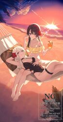 Rule 34 | 1girl, bare arms, bare legs, bare shoulders, barefoot, beach, bendy straw, bikini, black one-piece swimsuit, blush, breasts, brown hair, cleavage, closed mouth, commentary request, cup, drink, drinking glass, drinking straw, english text, flower, frilled bikini, frills, hair between eyes, hair flower, hair ornament, hammock, hands up, hibiscus, highres, holding, holding cup, horizon, hu kotora, long hair, medium breasts, navel, ocean, one-piece swimsuit, original, outdoors, purple eyes, red flower, sand, skindentation, sky, smile, solo, sunset, swimsuit, thigh strap, water, watermark, white hair, yellow bikini