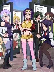 6+girls absurdres ahoge artist_name black_lagoon black_necktie black_pants black_suit bocchi_the_rock! bodysuit bongfill boots breasts brown_pantyhose chainsaw_man character_request cigarette copyright_request cowboy_bebop cyberpunk_(series) cyberpunk_edgerunners demon_horns eyepatch faye_valentine formal_clothes gradient_eyes green_eyes green_hair hairband helltaker high_ponytail highres himeno_(chainsaw_man) holding holding_cigarette horns ijichi_seika jill_stingray lucy_(cyberpunk) multicolored_eyes multicolored_hair multiple_girls necktie off_shoulder pants pantyhose pink_thighhighs ponytail purple_bodysuit purple_hair purple_thighhighs red_eyes red_shirt revy_(black_lagoon) shirt short_shorts shorts smoking squatting suit thighhighs twintails va-11_hall-a vest white_hair yellow_hairband yellow_vest zdrada_(helltaker)