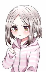1girl :t blush clenched_hand closed_mouth forehead hand_up hood hoodie kimi_no_koto_ga_dai_dai_dai_dai_daisuki_na_100-nin_no_kanojo lone_nape_hair long_sleeves looking_at_viewer loungewear meido_mai official_alternate_costume official_alternate_hairstyle parted_bangs parted_hair pink_hoodie pout short_twintails sidelocks simple_background sleeves_past_wrists solo striped_clothes striped_hoodie sweatdrop teeth twintails upper_teeth_only v-shaped_eyebrows white_background white_hair white_hoodie yellow_eyes yumenobetsu