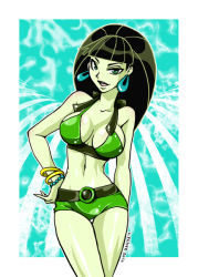 1girl alternate_hairstyle bangle bare_arms bare_shoulders blunt_bangs border bracelet breasts colored_skin earrings facing_viewer female_focus green_hair green_shorts green_skin jewelry kim_possible_(series) looking_at_viewer lychee_soda medium_breasts navel outside_border pale_skin shego short_shorts shorts solo thigh_gap white_border