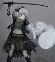 1girl arm_up asymmetrical_dual_wielding bad_id bad_twitter_id bandaged_arm bandaged_leg bandages black_gloves black_hairband black_jacket closed_mouth dual_wielding false_arm false_limb feet_out_of_frame gloves green_eyes green_skirt green_vest grey_background grey_hair hairband highres holding holding_sword holding_weapon jacket katana konpaku_youmu konpaku_youmu_(ghost) legs_apart looking_to_the_side medium_hair open_clothes open_jacket reverinth sash scarf sheath shirt single_glove skirt solo standing sword torn_clothes torn_jacket torn_skirt touhou unsheathed vest waist_sash wakizashi weapon white_shirt