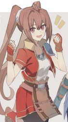 1girl ahoge antenna_hair armor border breasts brown_eyes cropped_jacket eiyuu_densetsu estelle_bright fingerless_gloves george_man gloves grey_background highres long_hair looking_at_viewer open_mouth pauldrons shoes short_sleeves shorts shoulder_armor single_pauldron skirt small_breasts smile sneakers solo sora_no_kiseki twintails two-tone_background white_border