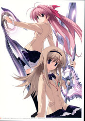 2008 2girls absurdres ahoge antenna_hair black_hairband black_skirt black_thighhighs blazer blonde_hair bow bowtie breasts brown_jacket chaos;head collared_shirt d-sword dated dynamic_pose ears_visible_through_hair frills glowing hair_bow hair_ribbon hairband highres holding holding_weapon jacket kneehighs layered_skirt long_hair looking_at_viewer looking_back multiple_girls nishijou_nanami non-web_source official_art open_mouth pantyhose petticoat pink_bow pink_eyes pink_hair plaid_bow plaid_bowtie plaid_clothes plaid_skirt purple_eyes ribbon sakihata_rimi sasaki_mutsumi scan school_emblem school_uniform serious shirt skirt socks suimei_academy suimei_school_uniform sword thighhighs twintails very_long_hair weapon white_background white_petticoat white_shirt