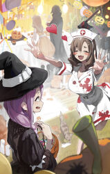 2girls :3 axe black_dress blood blood_on_clothes blush_stickers breasts brown_hair candy cat closed_eyes dress food halloween halloween_bucket hat hatchet_(axe) heart highres holding imminent_hug jack-o&#039;-lantern large_breasts long_hair maki_(soredemo_ayumu_wa_yosetekuru) mo0o0rae multiple_girls nurse nurse_cap open_mouth outstretched_arms purple_hair running soredemo_ayumu_wa_yosetekuru textless_version white_dress witch witch_hat yaotome_urushi