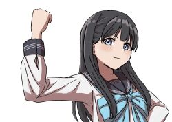 1girl absurdres akebi-chan_no_serafuku akebi_komichi black_hair blue_bow blue_eyes bow clenched_hand highres kakikakuka long_hair long_sleeves looking_at_viewer raised_fist sailor_collar school_uniform serafuku smile upper_body white_background