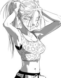 alien_stage belt breasts large_breasts midriff navel official_art simple_background tagme tying_hair
