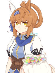 1girl ^^^ animal_ears bag blue_shirt blurry blurry_foreground breasts brown_hair bukeo corset crystal ear_covers furioso_(umamusume) hair_rings headband highres holding holding_bag horse_ears parted_lips pouch sash shirt short_hair short_sleeves simple_background single_ear_cover single_hair_ring small_breasts solo_focus sweatdrop twitter_username umamusume upper_body white_background white_sash yellow_eyes