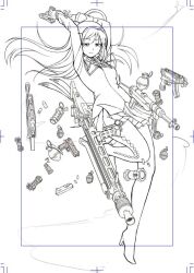 1girl boots breasts character_request closed_mouth commentary copyright_request english_commentary expressionless full_body gun hairband handgun high_heel_boots high_heels holding holding_gun holding_weapon jacket leg_up lineart miniskirt neck_ribbon pas_(paxiti) pleated_skirt ribbon skirt small_breasts solo spot_color submachine_gun weapon