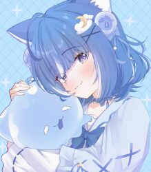 1girl :3 absurdres ahoge animal_ears blue_bow blue_choker blue_hair bow cat_ears cat_girl choker cloud_hair_ornament crescent crescent_hair_ornament cross-laced_clothes cross-laced_sleeves fang hair_ornament highres hug indie_virtual_youtuber jellyfish jellyfish_hair_ornament kurageu_roa long_sleeves looking_at_viewer multicolored_hair purple_eyes short_hair smile solo streaked_hair tsukki virtual_youtuber x_hair_ornament