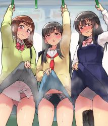 3girls arm_up bare_legs black_hair blush bow bowtie brown_hair clothes_lift cowboy_shot ear_blush exhibitionism flashing fujiwara_hajime full-face_blush gojarun hand_grip holding holding_hand_grip idolmaster idolmaster_cinderella_girls kobayakawa_sae lace lace-trimmed_panties lace_trim lifting_own_clothes looking_at_viewer looking_down multiple_girls neckerchief no_pants ohara_michiru panties pantyshot plaid_bow plaid_bowtie plaid_clothes public_indecency red_neckerchief school_uniform skirt skirt_lift steam striped_clothes striped_panties sweatdrop underwear