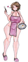 Rule 34 | 1girl, apron, areola slip, breasts, brown hair, chopsticks, cleavage, closed mouth, collarbone, crayon (medium), fried egg, frying pan, gaixas1, heart, holding, holding chopsticks, holding frying pan, ib&#039;s mother, ib (kouri), mature female, one eye closed, ponytail, purple apron, purple sandals, red eyes, sandals, short hair, simple background, smile, solo, traditional media, white background