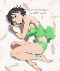 1girl barefoot black_hair breasts closed_mouth feathers full_body green_eyes green_panties green_shirt hair_ornament hairpin highres kirigaya_suguha large_breasts looking_at_viewer lying medium_hair multiple_hairpins on_side panties puge shirt smile solo sword_art_online underwear