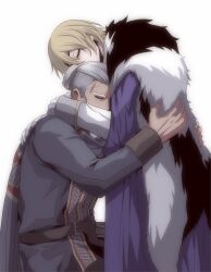2boys belt belt_buckle black_belt black_fur blonde_hair blue_cape blue_coat buckle cape closed_eyes coat commentary_request dark-skinned_male dark_skin dedue_molinaro dedue_molinaro_(timeskip) dimitri_alexandre_blaiddyd dimitri_alexandre_blaiddyd_(timeskip) eyepatch fire_emblem fire_emblem:_three_houses highres hug kneeling long_sleeves male_focus megubiru multiple_boys mutual_hug nintendo patterned_clothing ponytail scar scar_on_face scarf short_ponytail simple_background sleeve_cuffs standing white_background white_fur white_hair yaoi