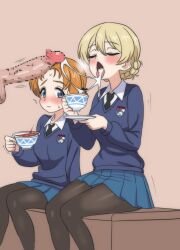 1boy 2girls after_ejaculation after_fellatio black_bow black_bowtie black_necktie blonde_hair blue_eyes blue_skirt blush bowtie braid censored cherry_blossoms collar colored_skin cum cum_in_mouth cup darjeeling_(girls_und_panzer) girls_und_panzer highres hippo_power leggings multiple_girls necktie open_mouth orange_hair orange_pekoe_(girls_und_panzer) penis red_liquid sitting sitting_on_object skirt sweat sweater_vest tea_cup teacup tongue tongue_out white_collar white_skin