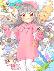 3girls :3 absurdres ball blonde_hair blue_bow blue_bowtie blue_hairband blush blush_stickers book bow bow_hairband bowtie building candy chain chibi choppy_bangs colorful commentary cube dot_nose drawstring dress earth_(planet) english_commentary floating_hair food frilled_dress frills glasses grey_hair hair_bow hairband hands_up happy hat highres holding holding_candy holding_food holding_pen holding_stylus hood hoodie long_hair long_hoodie looking_at_another looking_at_object looking_at_viewer multiple_girls napo_(napo_illust) octagram octopus open_mouth orange_cat orange_eyes orbital_path original outstretched_arms palms pantyhose parted_lips pen pink_bow pink_bowtie pink_cat pink_dress pink_hat pink_hoodie pink_pantyhose planet pocket_watch pom_pom_(clothes) puffy_short_sleeves puffy_sleeves rocket santa_hat short_sleeves skyscraper sleeves_past_wrists smile solo_focus spread_fingers standing star_(symbol) stylus tam_o&#039;_shanter tree twintails very_long_hair watch writing