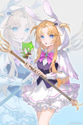 1girl animal_ears animal_hood blonde_hair bloomers blue_eyes bow highres holding hood hood_up long_hair long_sleeves looking_at_viewer open_mouth original parted_bangs pink_bow rabbit_ears shirt skirt staff two_side_up underwear vest white_shirt white_skirt yuanyi163 zoom_layer