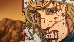 1boy anime_coloring beanie bleeding blonde_hair blood blood_from_mouth blood_on_clothes blood_on_face blue_eyes clenched_teeth commentary_request crying crying_with_eyes_open fake_screenshot hachura hat hatching_(texture) highres horseshoe_hat_ornament horseshoe_ornament johnny_joestar jojo_no_kimyou_na_bouken male_focus mountain nosebleed official_style signature solo star_(symbol) star_print steel_ball_run streaming_tears tears teeth white_hat