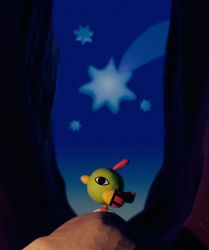bird black_eyes clay_(medium) closed_mouth commentary english_commentary from_side gen_2_pokemon highres louie_zong natu night nintendo no_humans outdoors pokemon pokemon_(creature) shooting_star sky solo unconventional_media