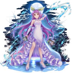 2girls adjusting_hair alternate_costume bare_shoulders blonde_hair breasts bush camcorder camera closed_mouth detached_sleeves dress flower flower_request full_moon game_cg hair_ribbon hiding high-low_dress high_heels highres holding holding_camera holding_sword holding_weapon katana long_dress long_hair looking_at_viewer medium_breasts moon multiple_girls night night_sky official_art open_mouth outdoors pink_ribbon purple_dress purple_eyes purple_hair purple_shoes purple_sleeves ribbon ripples rotte_(1109) shoes siblings sisters sky sleeveless sleeveless_dress smile star_(sky) sword third-party_source touhou touhou_lostword transparent_background very_long_hair video_camera watatsuki_no_toyohime watatsuki_no_yorihime watatsuki_no_yorihime_(exquisite_lunar_swordswoman) water weapon white_flower