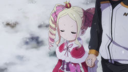 Rule 34 | 1boy, 1girl, age difference, beatrice (re:zero), blonde hair, capelet, closed eyes, drill hair, fake screenshot, fur-trimmed capelet, fur trim, height difference, holding hands, natsuki subaru, official style, re:zero kara hajimeru isekai seikatsu, ribbon, shake sawa, solo focus, teenage boy and younger girl, track suit, twin drills