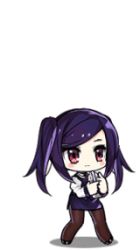 1girl animated animated_gif black_pantyhose blinking closed_eyes female_focus full_body girls&#039;_frontline jill_stingray long_hair long_sleeves lowres official_art pantyhose purple_hair purple_skirt purple_vest red_eyes saru shirt simple_background skirt solo standing swept_bangs va-11_hall-a vest white_background white_shirt