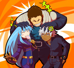 1girl 2boys android angry blue_eyes blue_hair brown_hair candy dark_skin food gloves happy k&#039;_(kof) kula_diamond long_hair maxima multiple_boys silver_hair simple_background smile snk the_king_of_fighters