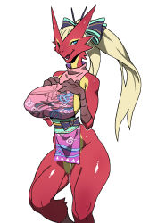 1girl bare_shoulders beak blaziken blue_bow blue_eyes bow breasts claws covered_erect_nipples female_focus furry furry_female gen_3_pokemon hair_bow hands_on_own_chest hands_up highres huge_breasts japanese_clothes jijisama kimono long_hair looking_to_the_side looking_up nintendo no_bra no_panties obi open_mouth personification platinum_blonde_hair pokemon pokemon_(creature) pokemon_rse sash sideboob simple_background smile solo standing teeth turtleneck twintails white_background wide_hips