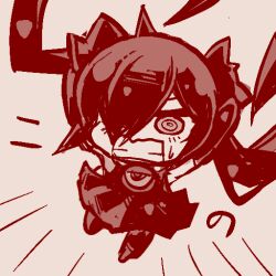 1girl angry arms_up backbeako_(torotei) backbeard chibi chibi_only clenched_teeth commentary_request dress elbow_gloves emphasis_lines full_body gegege_no_kitarou gloves hair_over_one_eye hair_ribbon long_hair looking_at_viewer monochrome original pointy_ears red_theme ribbon ringed_eyes simple_background sleeveless sleeveless_dress solo teeth thighhighs torotei translated twintails v-shaped_eyebrows white_background