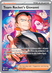 2girls 5boys aqua_eyes aqua_hair archer_(pokemon) ariana_(pokemon) artist_name beard black_hair black_hat black_jacket black_pants breast_pocket card_(medium) character_name closed_mouth company_name copyright_name copyright_notice earrings english_text eyelashes facial_hair fingernails giovanni_(pokemon) gloves green_eyes green_hair grin hand_on_headwear hat holding holding_poke_ball jacket jewelry koroguchi lips long_sleeves medium_hair multiple_boys multiple_girls nintendo official_art pants petrel_(pokemon) pocket poke_ball poke_ball_(basic) pokemon pokemon_card pokemon_frlg pokemon_hgss pokemon_tcg proton_(pokemon) purple_hair reaching reaching_towards_viewer red_eyes short_hair smile team_rocket team_rocket_grunt team_rocket_uniform teeth third-party_source trading_card v-shaped_eyebrows very_short_hair white_gloves