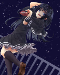1girl absurdres black_capelet black_hair blue_eyes capelet highres long_hair looking_at_viewer necktie night night_sky red_necktie ririi_(ai-my_talikng) school_uniform skirt sky smile solo star_(sky) starry_sky takashima_zakuro tsui_no_sora tsui_no_sora_(remake)