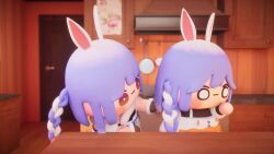 2girls 3d animal_ears animated apron audible_speech blue_hair blush braid braided_ponytail carrot chibi day hololive hug indoors japanese_audio kitchen miriwa multicolored_hair multiple_girls pekomama pekomon_(usada_pekora) rabbit_ears side_braid smile sound table two-tone_hair usada_pekora video virtual_youtuber