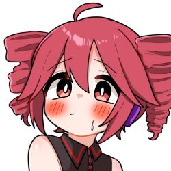 Rule 34 | 1girl, ahoge, bare shoulders, black shirt, blush, bright pupils, closed mouth, collared shirt, drill hair, hair between eyes, haru maron, highres, kasane teto, kasane teto (utau), looking to the side, red eyes, red hair, shirt, simple background, sleeveless, sleeveless shirt, solo, twin drills, utau, white background, white pupils