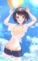 Rule 34 | 1girl, alternate costume, ball, beachball, bikini, bikini under clothes, blue eyes, blue shorts, blue sky, blush, breasts, brown hair, front-tie bikini top, front-tie top, highres, hololive, lens flare, looking at viewer, medium breasts, midriff, multi-strapped bikini bottom, navel, nishiki yuno, ocean, oozora subaru, open mouth, orange bikini, see-through clothes, see-through shirt, shirt, short hair, short shorts, short sleeves, shorts, skirt, sky, smile, solo, sun, sunlight, swept bangs, swimsuit, teeth, tied shirt, upper teeth only, virtual youtuber, wading, wet, wet clothes, wet shirt, white skirt