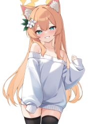 1girl alternate_costume animal_ear_fluff animal_ears bare_shoulders black_thighhighs blue_archive blue_eyes blush breasts cat_ears collar commentary cowboy_shot double-parted_bangs flower hair_between_eyes hair_flower hair_ornament halo highres long_hair long_sidelocks looking_at_viewer mari_(blue_archive) no_pants off-shoulder_sweater off_shoulder open_mouth sidelocks simple_background skindentation sleeves_past_wrists small_breasts smile solo standing sweater symbol-only_commentary teeth thighhighs very_long_hair white_background white_flower white_sweater yellow_halo zarashi zettai_ryouiki