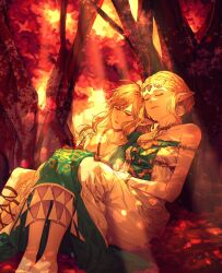 1boy 1girl autumn autumn_leaves barefoot blonde_hair braid circlet closed_mouth crown_braid dappled_sunlight dress earrings highres jewelry leaf link medium_hair nintendo pointy_ears princess_zelda pu_hegg short_hair sitting strapless strapless_dress sunlight the_legend_of_zelda the_legend_of_zelda:_tears_of_the_kingdom white_dress