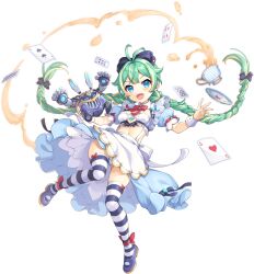 1girl ace_(playing_card) ace_of_hearts antenna_hair artist_request blue_eyes bow breasts card fang four_of_diamonds full_body game_cg green_hair hair_bow heart highres holding legend_clover master_lulua multicolored_hair multiple_hair_bows navel official_alternate_costume official_art plate playing_card red_bow robot six_of_clubs skirt solo tea third-party_source transparent_background two_of_spades