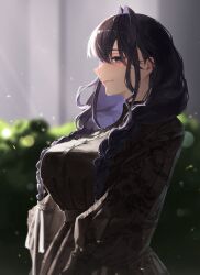 1girl absurdres black_dress black_hair blue_eyes blurry blurry_background braid breasts closed_mouth dress edwin62293123 embroidery empire_waist from_side hair_between_eyes hair_intakes hair_over_shoulder hashtag-only_commentary highres hololive hololive_english juliet_sleeves large_breasts long_hair long_sleeves looking_at_viewer low_twin_braids official_alternate_costume official_alternate_hairstyle ouro_kronii ouro_kronii_(maid) outdoors puffy_sleeves smile solo twin_braids upper_body virtual_youtuber