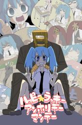 1girl 3boys bad_id bad_pixiv_id bags_under_eyes bleach blue_hair empty_eyes happy_lucky_un-holiday_monday_(vocaloid) hatsune_miku ichimaru_gin long_hair megurine_luka multiple_boys naruto naruto_(series) pink_hair saliva school_uniform spread_legs sweat tears twintails uchiha_itachi v vocaloid yaza